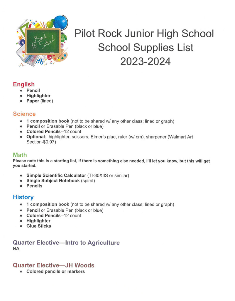PRJH Supply List